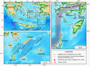 Peta Aegean Selatan (pojok kiri atas) dengan area penelitian ditandai dengan persegi hitam. Peta (a) Santorini-Amorgos Zone &(b) merupakan area Aegean tenggara.