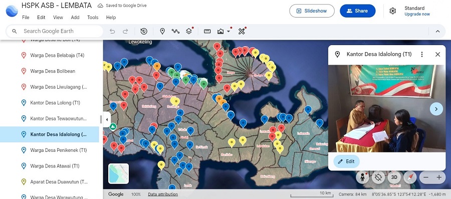 Pemantauan real-time lokasi survei HSPK dan ASB Kabupaten Lembata menggunakan teknologi pemetaan digital Google Earth oleh tim survey ITN Malang